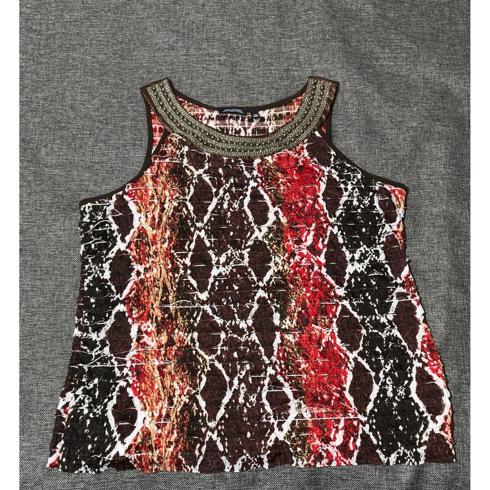 Notations Women's XL Tank Top Brown Red Animal Print Embellished Neck JNKT0009